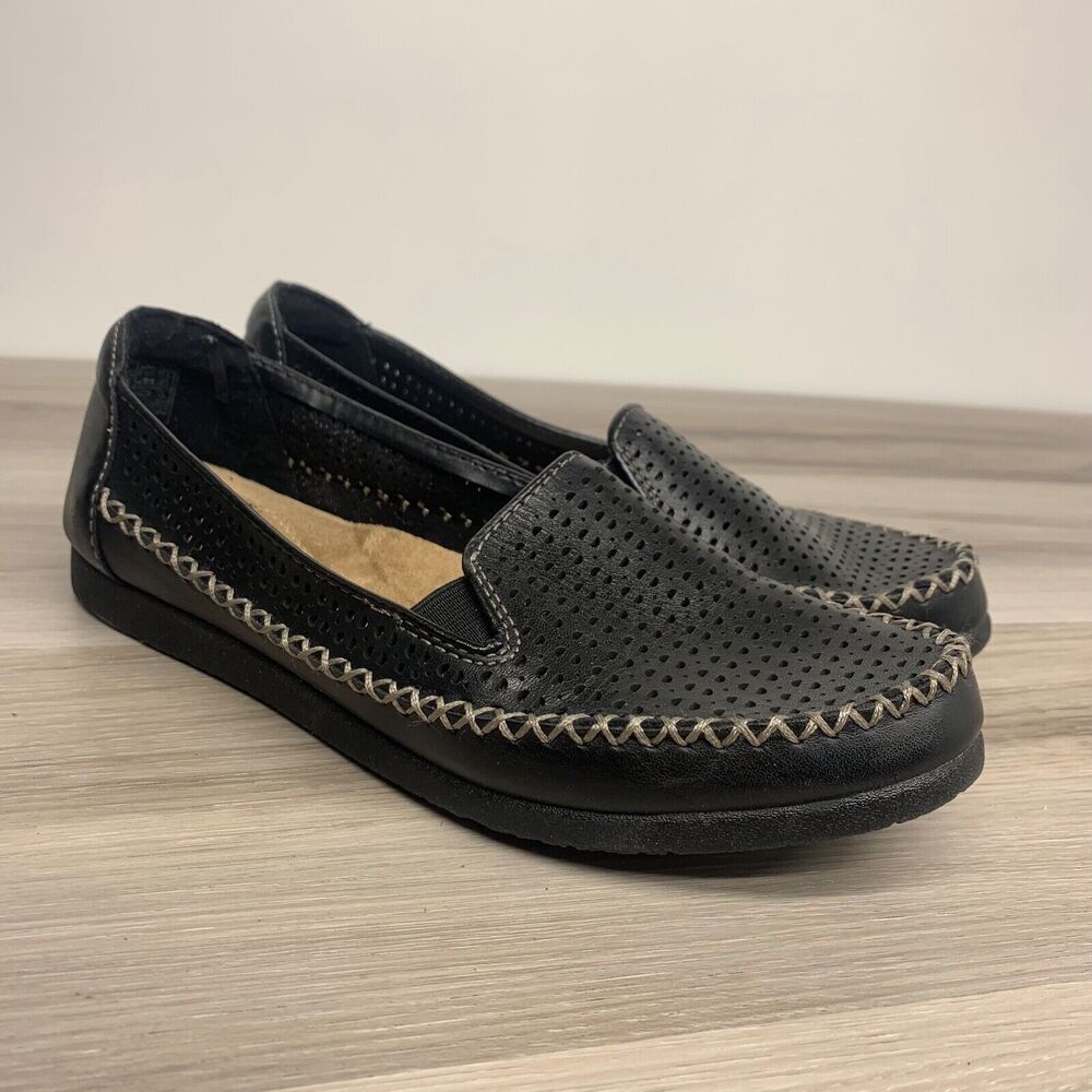 Earth Origins Lark Lizzy Flats Loafers Leather‎ Laser Cut Black Noir Women’s 7